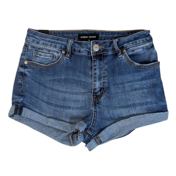 Almost Famous Medium Wash Denim Cuffed Stretch Jean Shorts - Picture 1 of 4